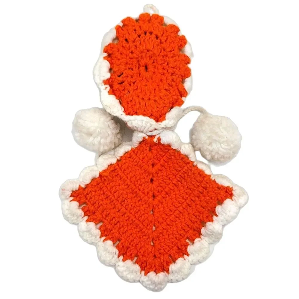 Vintage  Porcelain Doll Head Wall Hanging With Orange Crochet #A007